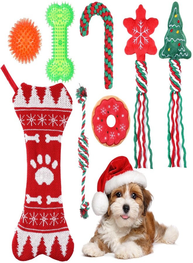 JellyArch 8 Pcs Christmas Dog Toys Gifts Christmas Stocking with Rope Knot Squeaky Plush Chew Toys for Xmas Gifts for Teething Puppy Small Medium Dog - Image 1